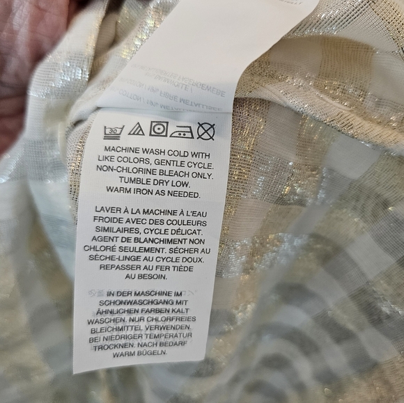 J. Crew Top Womens Sz 12 Tall White & Gold Metallic Plaid Voile Popover - Picture 7 of 11